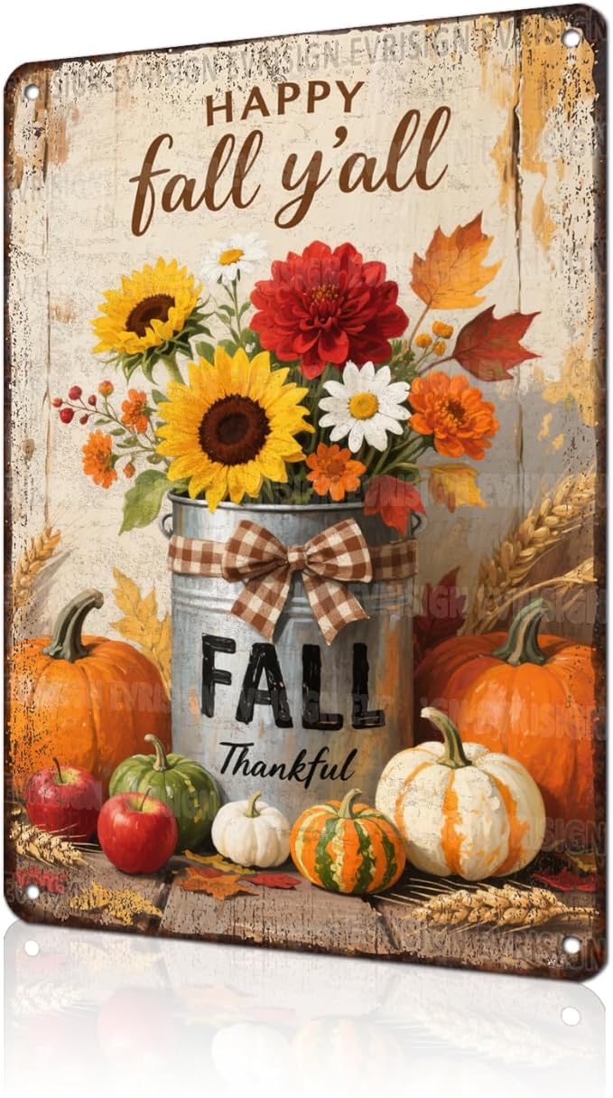 Thanksgiving Pumpkin Leaves Metal Sign Retro Fall Thanksgiving Day Wall Art Decor Welcome Holiday Iron Plaque Sign For Wall Decor 8x12Inch