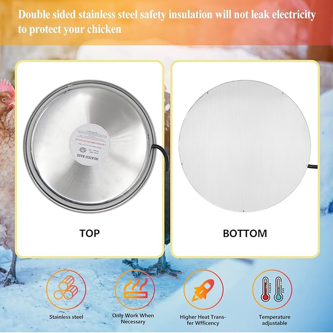 Chicken Waterer Heater,14 Inch Heated Chicken Waterer Base for Winter 5 Gallon with Anti-bite Cable for Poultry Fountains Water Bowl Plastic Metal Waterer