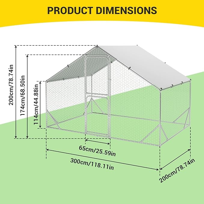 Large Metal Chicken Coop, Walk-in Poultry Cage, Chicken Run Pen House with Reinforcement & Waterproof & Anti-Ultraviolet Cover Chicken Coop Run with Double Lockable Doors for Outdoor 9.8 x 6.5X 6.6ft