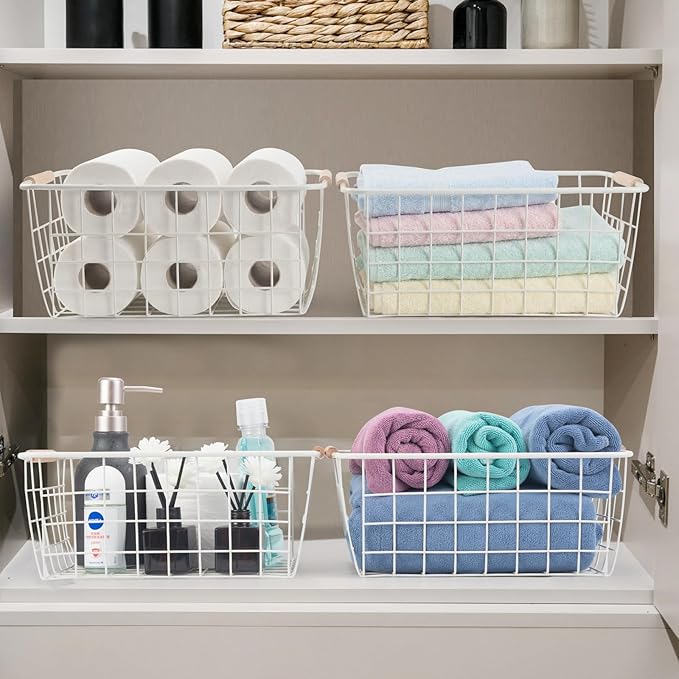 Wire Basket 4 Pcs Wire Storage Baskets Wire Baskets Organizing with Wooden Handles Wire Basket Pantry Organization and Storage Metal Wire Food Storage Basket for Kitchen, Cabinets (White 4PCS)