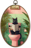 LKETW Funny Black Cat Bathroom Oval Wall Art Decor, Tropical Black Kitty Reading on Toilet Oval Canvas Hanging Decor, Funny Cat Wall Decorations for Bathroom Washroom Toilet, 8.6x11.4 Inch blackcat