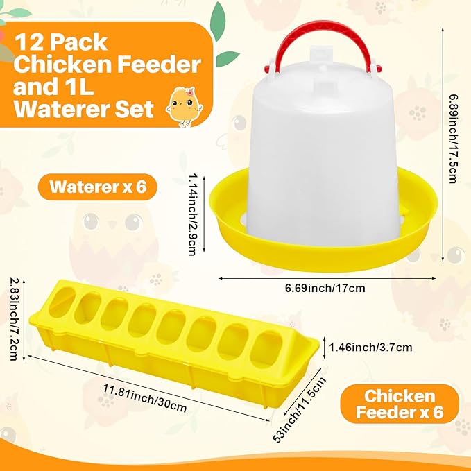 12 Pack Chicken Feeder and Waterer Set Bird Small Poultry Feeder Flip Top Bird Small Poultry Feeding for Pigeon Chick Drinker Duckling Quail Feeding Dispenser(1 L,Yellow)