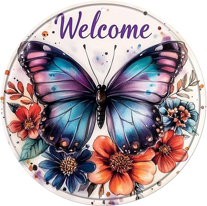 Welcome Butterfly Round Metal Tin Sign Wreath Spring Vintage Wall Decor for Front Door Home Porch Entryway 12x12inch