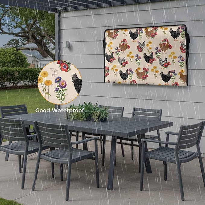 Waterproof Outdoor TV Cover 48 to 50 Inch, Farm Chicken Colorful Poppy Outside Flat Screen Televisions Weatherproof Cover Size 48"L x 30"H, Spring Floral on Beige TV Protector With Zipper