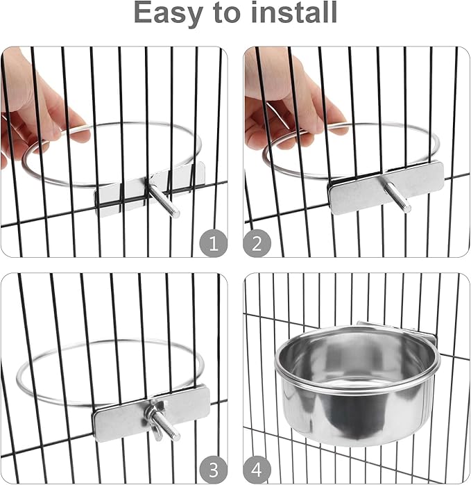Wontee Pet Food Water Bowl with Clamp Holder Stainless Steel Feeding Cups Feeder for Dog Bird Parrot Cat Rabbit, 2 Packs (L)