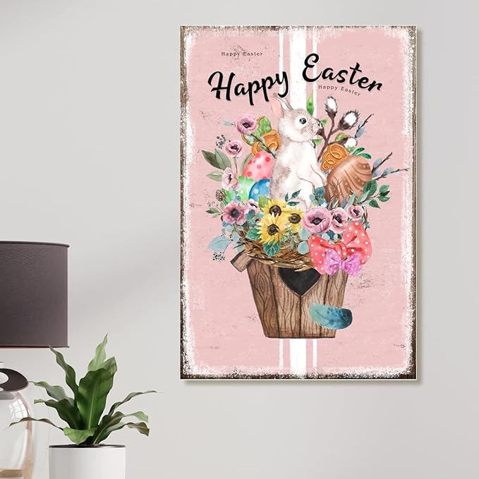 Wall Decor Wood Sign Happy Easter Flower Basket Bunny Sign French Style Floral Pink Stripes Signs Wood Decor Bunny Rabbit Happy Easter Wall Art Sign for Bedroom 8x12in