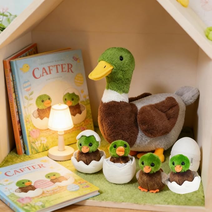 7 in 1 Mallard Duck Stuffed Animals Duck Plush Toys, 12" Zipper Mommy Stuffed Duck with 4 Baby Ducks Ducklings Eggs Green Duck Plushies Pillow for Kids Birthday Easter Stuffers Gifts Farm Party Decor
