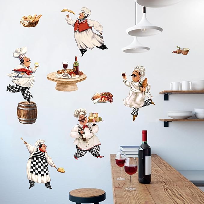 Mfault Italian Fat Chefs Wall Decals Stickers, Funny Cooker Baker Food Cooking Decorations Kitchen Art, Home Dining Room Restaurant Decor
