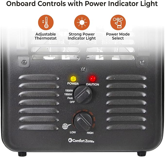 Comfort Zone 1500W Milkhouse Style Utility Space Heater – Portable Workshop & Garage Electric Heater with Adjustable Thermostat, 2 Heat Settings & Fan – All-Metal Housing & Safety Tip-Over Switch