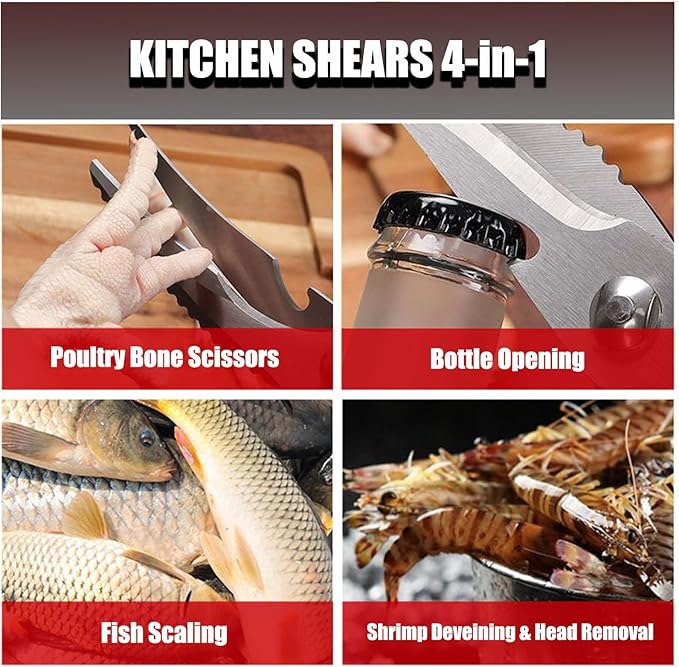 Heavy Duty Kitchen Scissors, Stainless Steel Poultry Shears with Safety Lock Dishwasher Safe, Multi-Purpose Poultry Bone & Fish Scaling Shears, Bottle Opener for Meat, Vegetable, Turkey