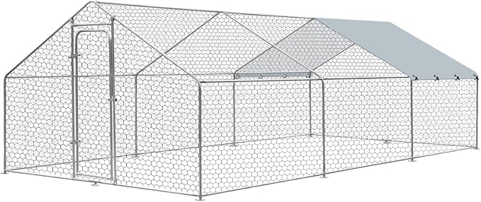 Large Metal Chicken Coop, Walk in Chicken Run for Yard with Waterproof Cover & Secure Lock, Poultry Cage for Aviary and Hen House, Duck Coop and Rabbit Pen 19.6 x 9.8 x 6.5 ft