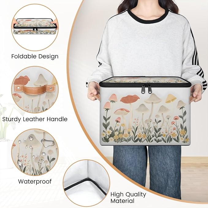 Mushroom Botanical Flower Plants Storage Bins With Lids Fabric Collapsible Storage Box with Leather Handles for Home Bedroom Foldable Closet Shelf Organizer