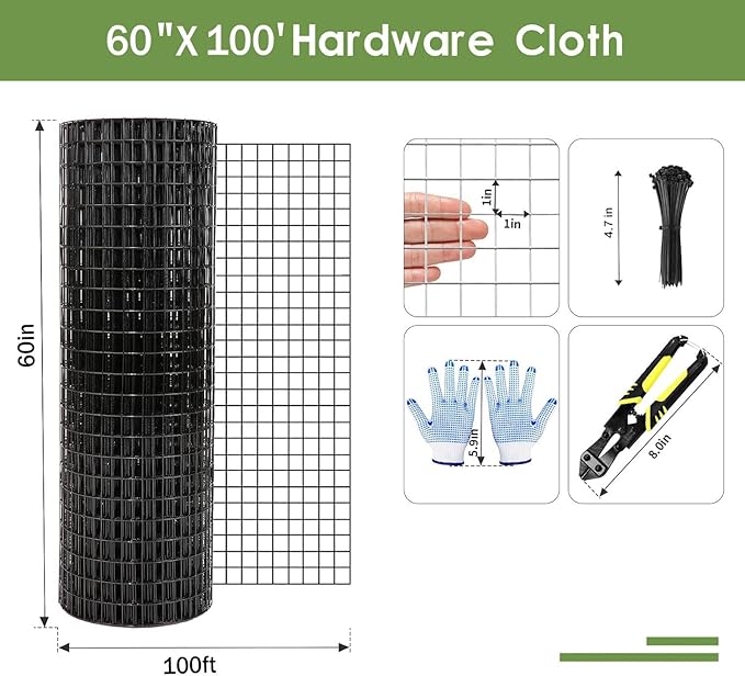 Tongmo 60" x 100' Black Hardware Cloth, 1inch Mesh Chicken Wire Fence, 19 Gauge Vinyl Coated Wire and Welded Wire Roll,Garden Fence, Poultry Netting for Rabbit/Duck/Chicken Coop