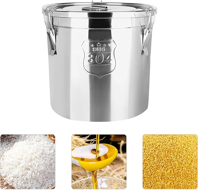 304 Stainless Steel Barrel Food Metal Pail Containers With Lid Handle, 5.27Qt Flour Rice and Grain Storage Containers Bucket Kitchen, Metal Canisters Bucket with Leakproof Lid and Lock Clips