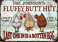 Personalized Fluffy Butt Hut Chicken Coop Sign, Custom Farmhouse Metal Sign with Spoiled Hens Wall Art, Funny Backyard Chicken Decor for Coop, Barn, Farm, Rustic Vintage Style DS6