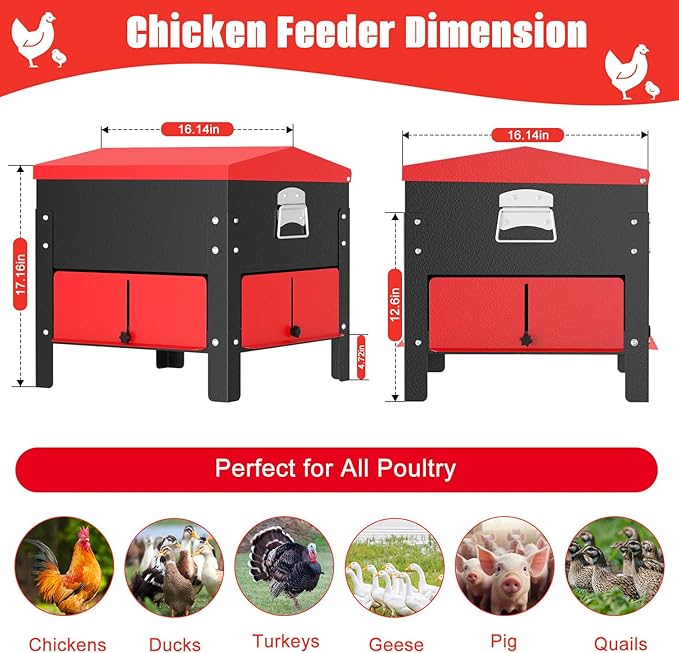 80lb Automatic Metal Chicken Feeder,Heavy Duty Portable Gravity Chicken Feeder Box with Weatherproof Lid, No Waste Predator-Proof Poultry Feeder with Lockable Access Door for Ducks, Geese