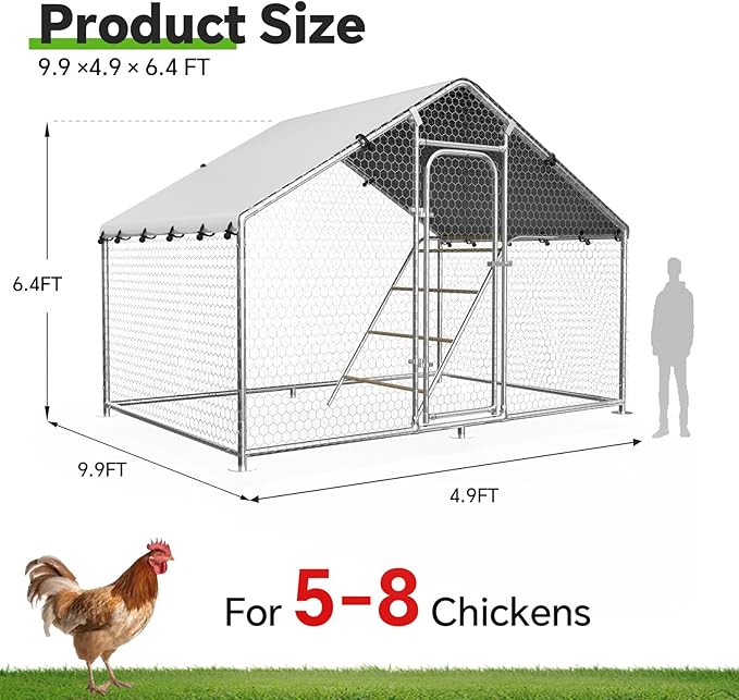 Large Metal Chicken Coop with Roosting Perch, UV-Resistant and Waterproof Cover, Chicken Run Outdoor Walk-in Cage Rabbit Duck Hen House for Yard Farm Use Spire Roof (10’ W x 4.9’ L x 6.4’ H)