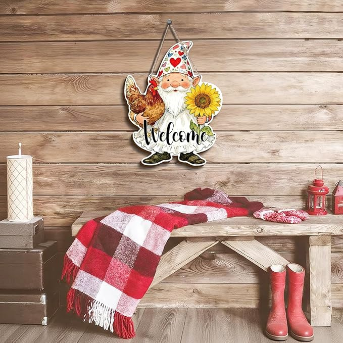 Farmhouse Wall Decor, Gnome Welcome Sign with Chicken and Sunflower, Rustic Wood Hanging Plaque, Watercolor Farmhouse Painting Style Wall Art for Porch Garden Kitchen or Entryway, 11.8x9.2 Inches
