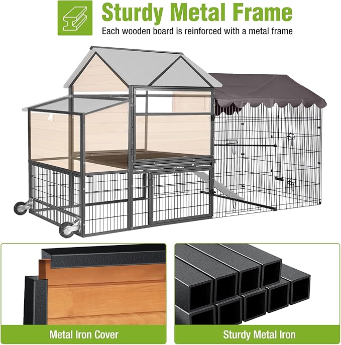 GUTINNEEN Mobile Chicken Coop Upgraded with All Arounded Metal Frame Expandable Hen House with Super Large Wheels for 4–6 Chickens, 3 Nesting Boxes, Metal Run, 85" L