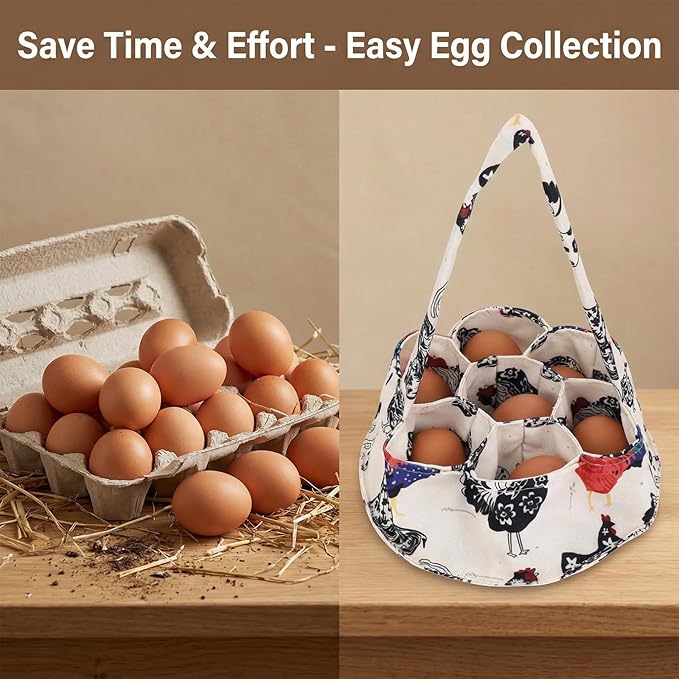 Egg Collecting Basket, Handheld Chicken Egg Holder with 7 Individual Bags for Gathering Fresh Eggs Safely from Coop to Kitchen