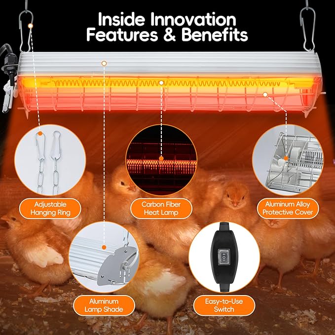 Large Chicken Coop Heater Lamp，400W Carbon Fiber Chicks Brooder Heater Plates with Adjustable Temp & Height,Brooder Heating Lamp for Coop,Ideal for Up to 60 Chicks, Poultry & Livestock Heating