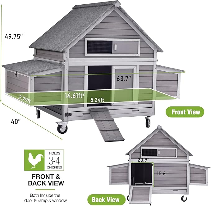 GUTINNEEN Chicken Coop with Wheels Outdoor Mobile Hen House Portable Wooden Poultry Cage with Nesting Box,Waterproof Asphalt Roof