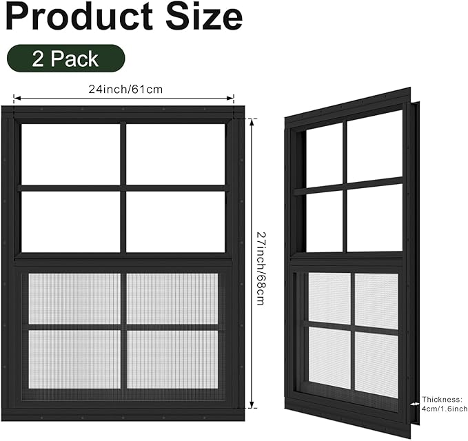 2 Pack Shed Windows 24" x 27" Flush Mount Window with Tempered Glass,House Small Windows,Household Sliding Windows for Chicken Coop, Playhouse, Household, Garage-Black