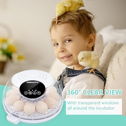 Egg Incubator for Hatching Chicks, Holds 12 Eggs, Automatic Egg Turner with Temperature, Humidity Display, Egg Candler, Automatic Egg Turner, 360 Degree View with Clear Window