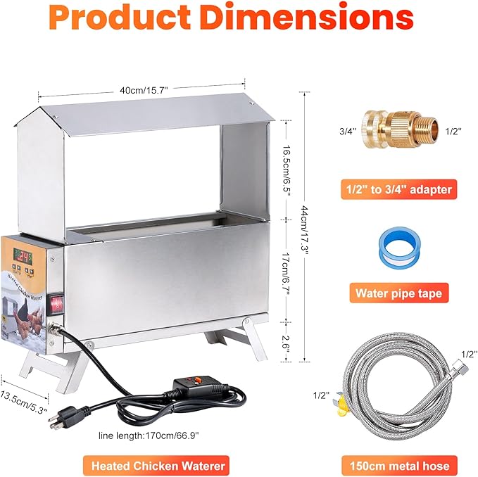 Heated Waterer for Chickens 2 Gallon Heated Chicken Waterer for Winter Chicken Water Heater with Adjustable Leg Anti-Freeze Poultry Duck Drinker Water Dispenser Heater Chicken Coop Accessories