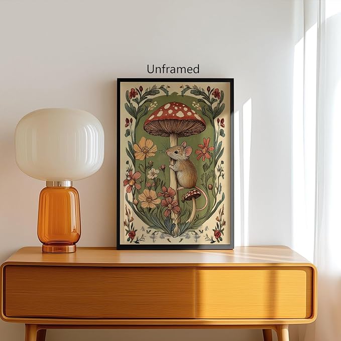 Nursery Animal Canvas Wall Art, Mouse and Toadstool Poster, Rustic Mushroom Mouse Painting, Cozy Folk Art Prints, Countryside Botanical Floral Painting for Kids Room 16x24in Unframed
