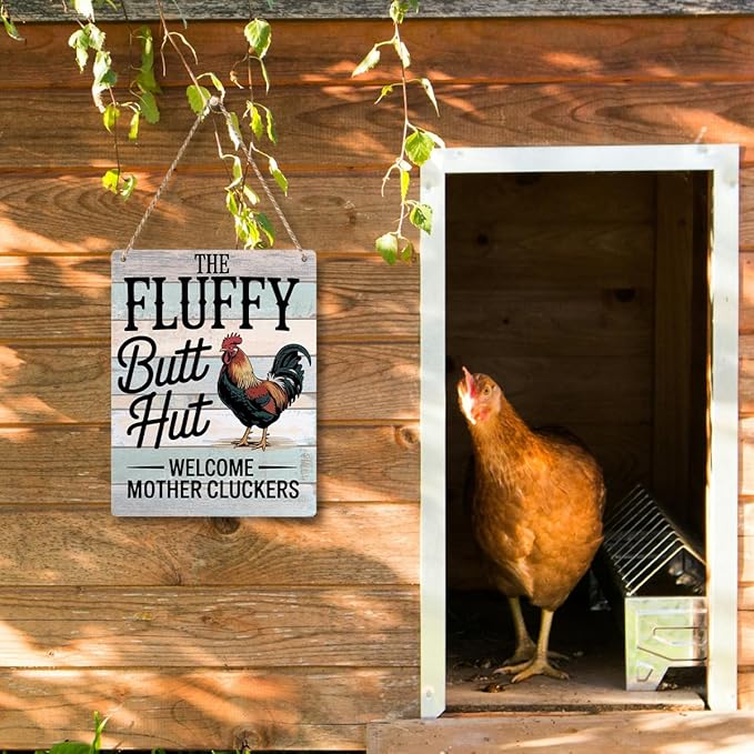 Chicken Gifts Sign Fluffy Butt Hut Welcome Mother Cluckers Sign Funny Chicken Coop Sign Rustic Style Decor for Home Farm Chicken-Coop Kitchen Country Decor 8x10 Inch