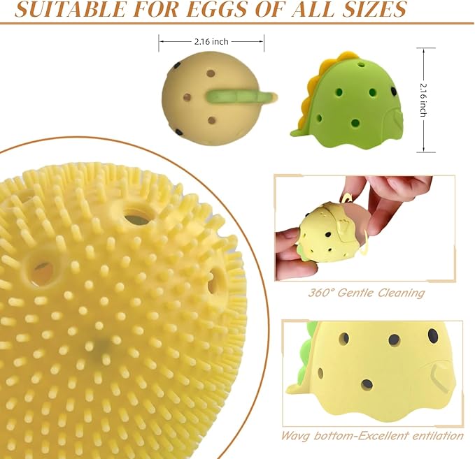 2Pcs Silicone Egg Washer for Fresh Eggs,Cute Dinosaur Egg Scrubber for Fresh Eggs,Farm Fresh Egg and vegertable Scrubber,Dishwasher Safe,Gentle on Shells(Green and Yellow)