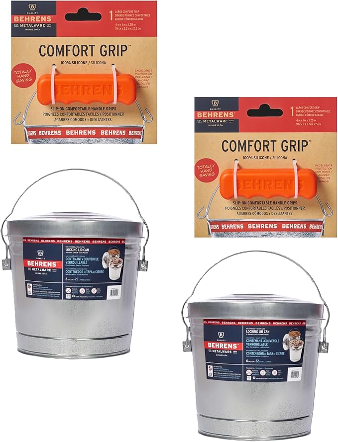 Behrens 6 Gallon Galvanized Steel Storage Can or Waste Bin w/Locking Lid & Handle (2 cans, 2 Orange Grips)