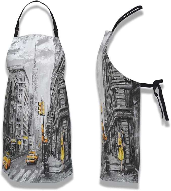 Baking Apron for Women Oil Painting Street View of New York Funny Aprons for Men for Kitchen Cooking Restaurant BBQ Painting Crafting 27” (W) x 31” (H), Waterproof Apron