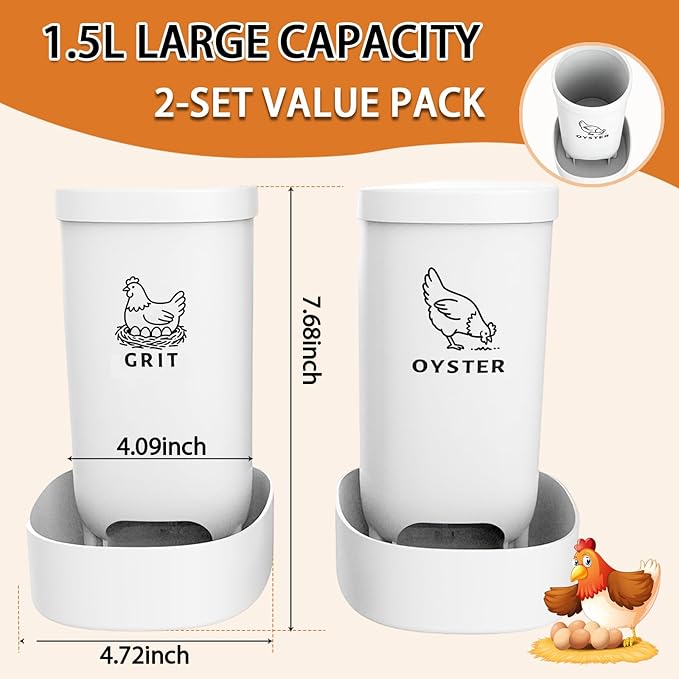 2 Pack Chicken Grit Feeder and Oyster Shell Feeder Combo，Heavy-Duty PVC Chicken Feeder with Large Capacity，Gravity Automatic Filling of Chicken Coop Accessories for Healthier Hens and Eggs.