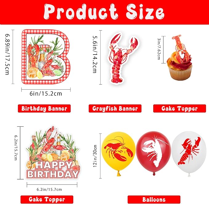 Crawfish Boil Party Supplies - Lobster Happy Birthday Banner Crawfish Balloons and Crayfish Cake Topper for Seafood Theme Birthday Party Decorations