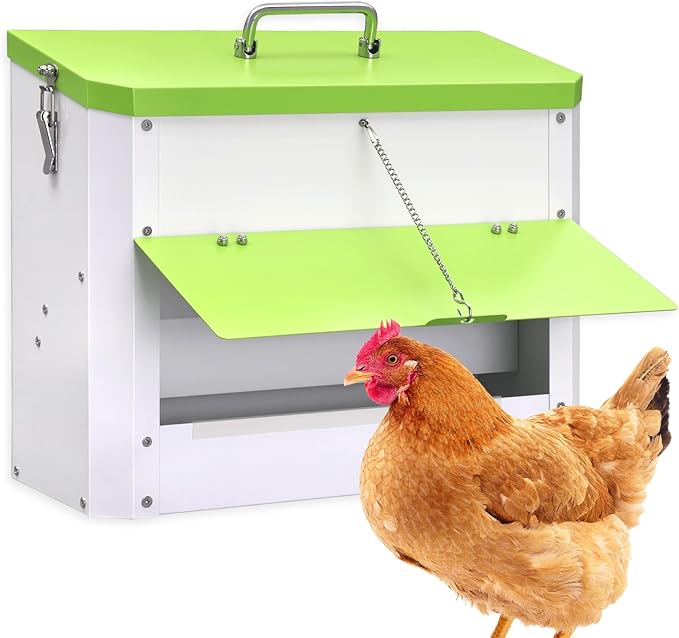 25lb Automatic Chicken Feeders Metal Poultry Feeders Wall Mount No Waste, with Secure Locking Lid, No Assembly Required, Lid Hanging Chicken Feeder Trough for Quail Chickens Ducks Feeder