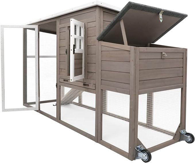 PetsCosset 75" Chicken Coop Backyard with Wheels Nesting Box Waterproof Removable Tray and Ramp Large Hen House for 1-4 Chickens
