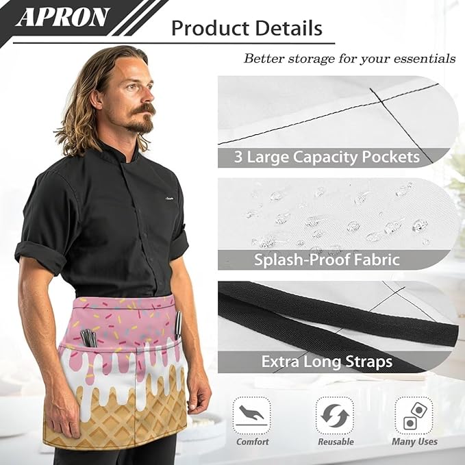 Waist Apron with 3 Pockets Waterproof 13 Inch Short Half Waist Aprons Women Men Server Aprons Waitress Waiter Apron