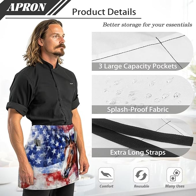 Waist Apron with 3 Pockets Waterproof 13 Inch Short Half Waist Aprons Women Men Server Aprons Waitress Waiter Apron