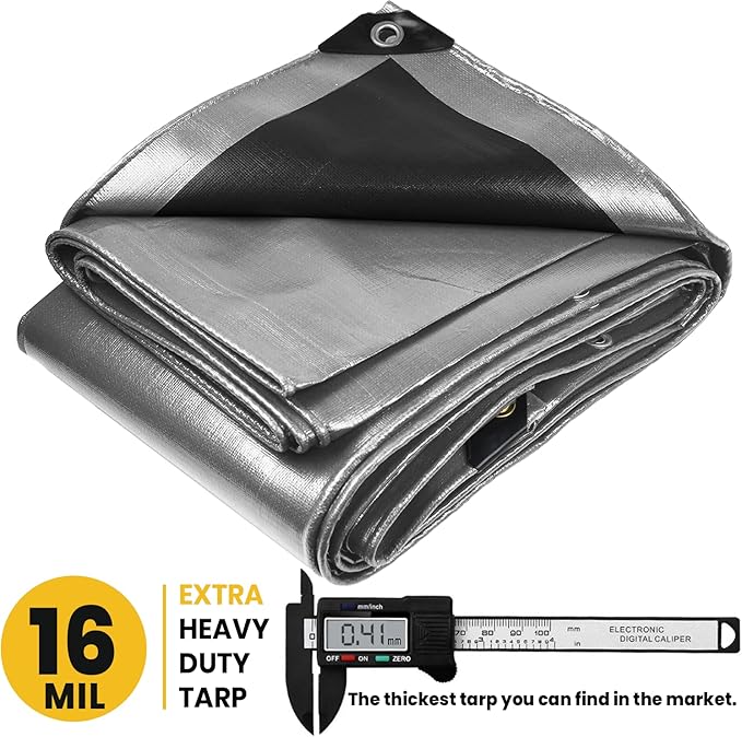 PROTARP Extra Heavy Duty 16 Mil Tarp Cover, Waterproof, UV Resistant, Rip and Tear Proof, Poly Tarpaulin with Reinforced Edges for Roof, Camping, Patio, Pool, Boat. (Silver/Black 20′ X 30′)