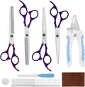 Dog Grooming Scissors Set – 6 in 1 Pet Grooming Kit with Curved, Thinning, Chunker & Straight Shears + Comb – 440C Stainless Steel Sharp Blades, Ergonomic & Quiet Design (Purple)