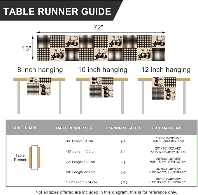 Seliem Buffalo Plaid Check Cow Table Runner, Farm Animals Kitchen Dining Table Decor, Farmhouse Burlap Home Decoration Indoor Outdoor Party Supply 13 x 72 Inches