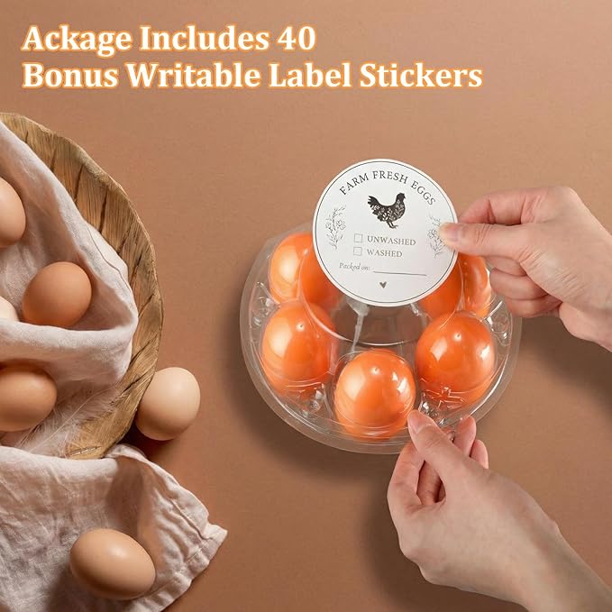 Zhehao 40 Pack Round 6 Count Plastic Egg Cartons Bulk with Date Stickers Half Dozen Egg Cartons Clear Reusable Holders for Fresh Eggs Storage for Farms Family, Markets Display