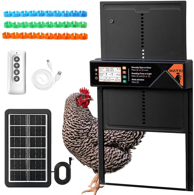 MAYKI Automatic Chicken Coop Door Solar Powered, Accessories Extra-Large with 4 Auto Modes (Timer & Light Sensor), Anti-Pinch, Waterproof Cold Weather, FCC/CE/RoHs Certified, Aluminum Build, M Black