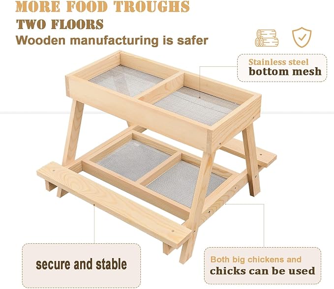 Chicken feeder,squirrel picnic table feeder,poultry feeder,chicken coop decor,Chicken Feeder No Waste Kit with Picnic Table,Two stainless steel mesh screens keep food clean and dry (wood color)