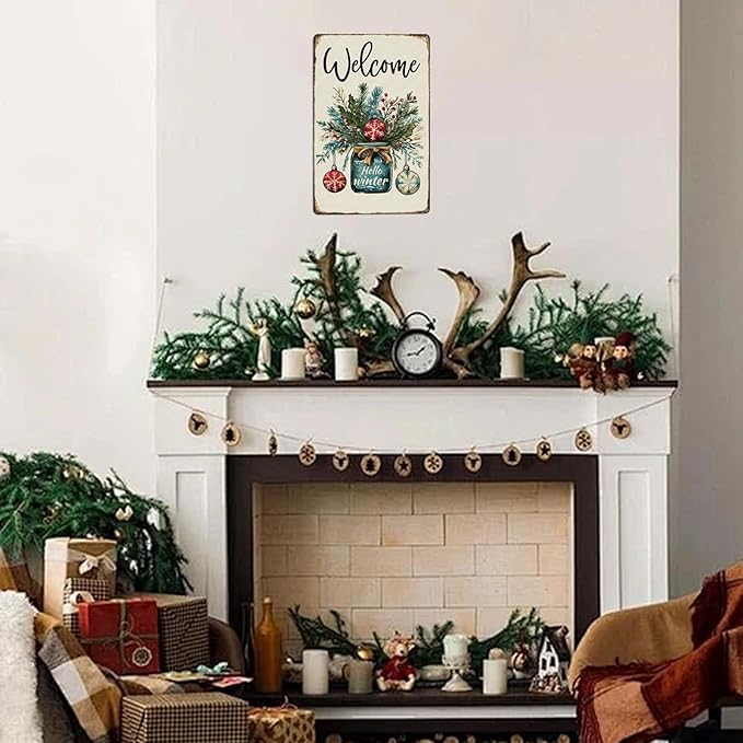 Welcome Hello Winter Tin Sign Funny Metal Sign Aluminum Sign For Home Office Cafe Garden 12×8 Inch