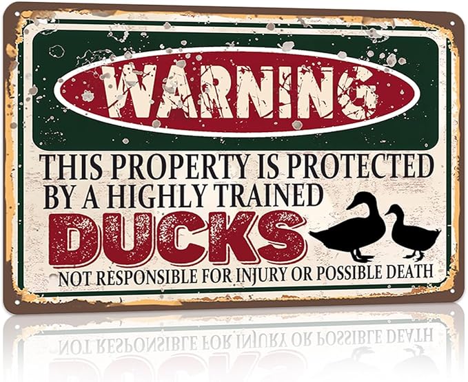 Vintage Ducks Metal Sign， Warning this property is protected bY a highly trained Ducks Sign Funny Tin Signs 12x8 Inch
