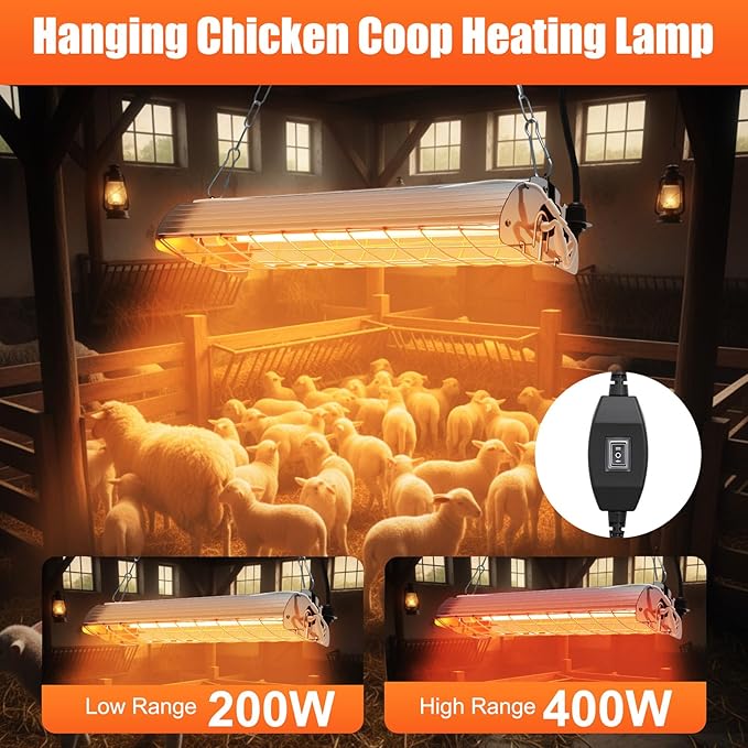 2 Set 400W Winter Chicken Coop Heater, Chicken Warming Lampshade with 150W Infrared Red Heat Bulb, Carbon Fiber Hanging Light Heated for Livestock, Chicks, Rabbit or Ducklings