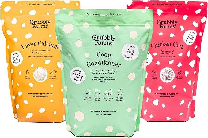 Grubbly Farms Coop Necessities Bundle - Chicken Grit, Layer Calcium & Coop Conditioner - Proper Digestion, Strong Eggshells & Odor Control - Rose Quartz Grit, Aragonite Calcium, Deodorizer - 3 Pack